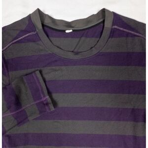 Lululemon Shirt Men Large Purple Gray‎ Stripe Long Sleeve Crew Neck